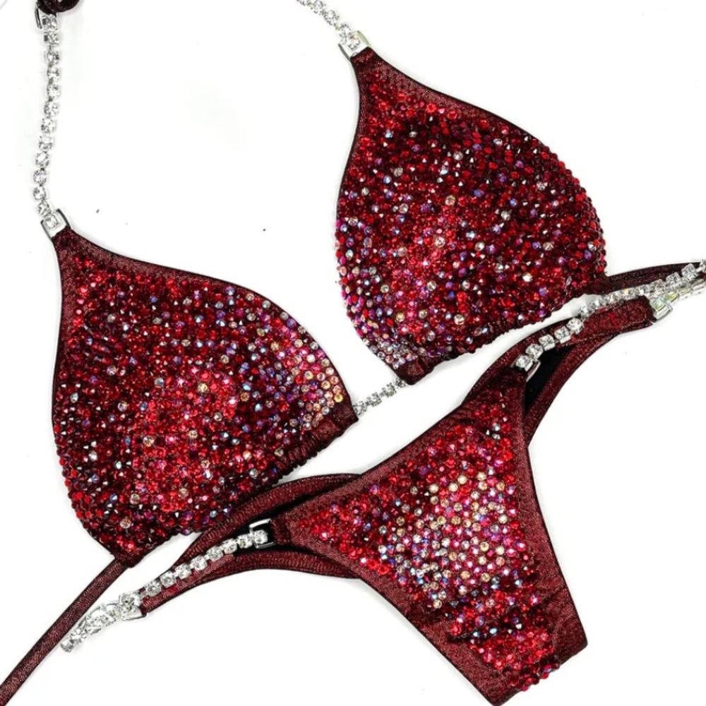 Toxic Angelz IFBB OCB NPC Bikini Bodybuilding Suit Holo Red Toxic Burst